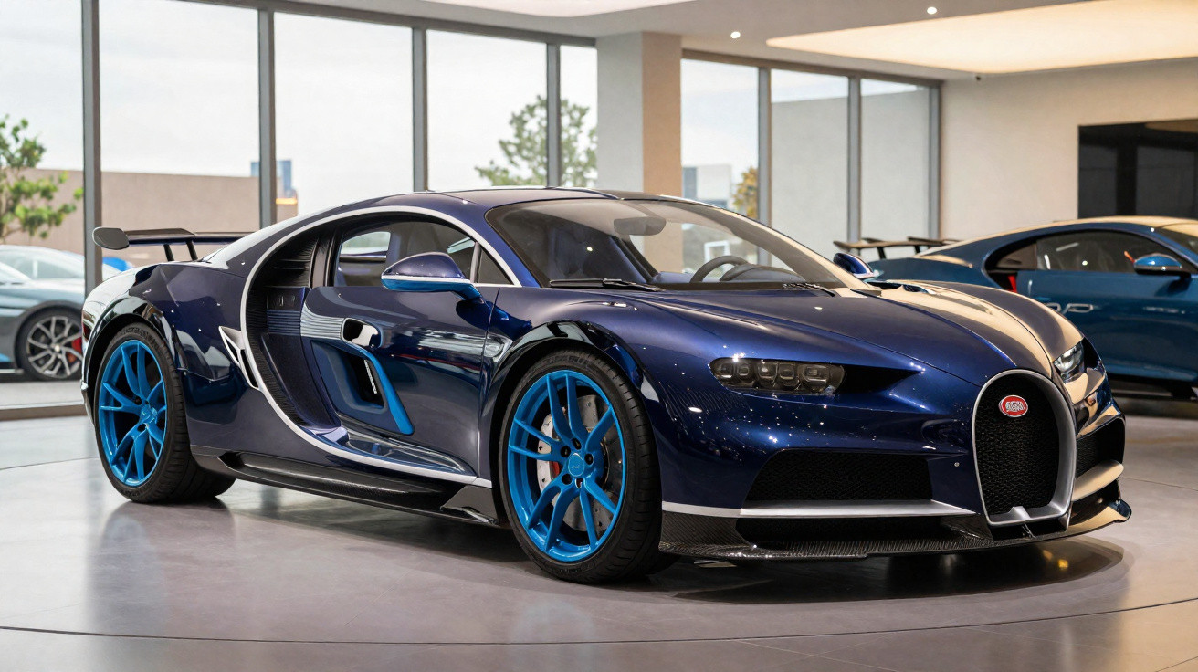 Carro esportivo Bugatti Chiron azul com rodas azuis exposto em showroom moderno com janelas grandes.