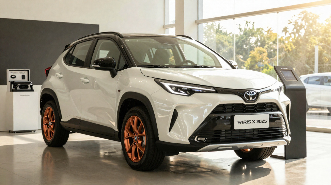Carro Toyota Yaris X 2025 branco com teto preto e rodas laranja em showroom iluminado.