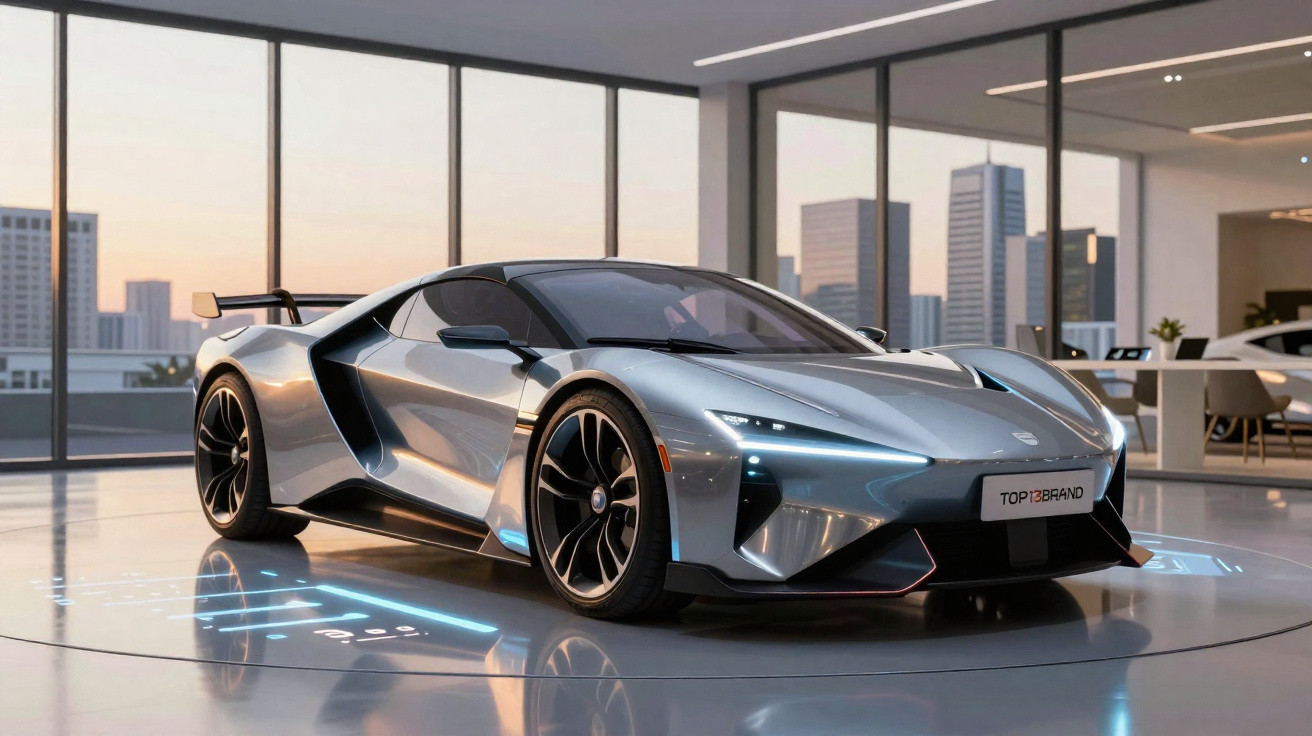 Carro esportivo cinza metálico em showroom moderno com grandes janelas e vista urbana ao pôr do sol.