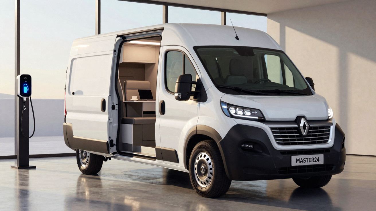 Van branca elétrica Renault Master24 estacionada com a porta lateral aberta em ambiente interno moderno.