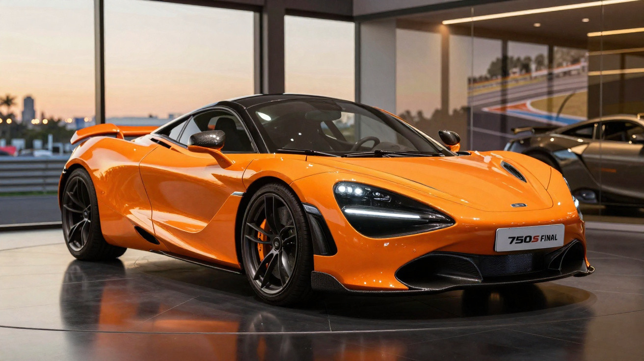 Carro esportivo McLaren 750S Final laranja em exposição dentro de showroom moderno.