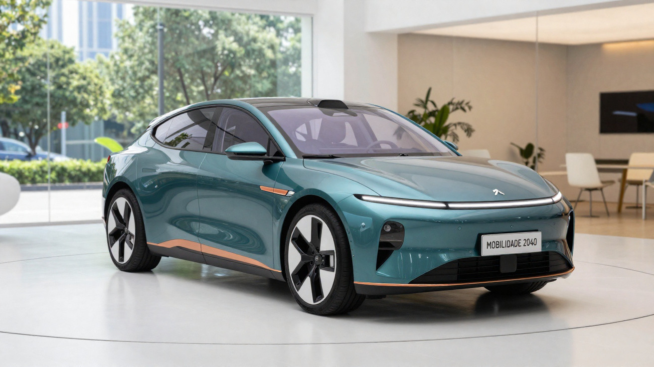 Carro elétrico verde em exposição moderna com placa "Mobilidade 2040" em ambiente iluminado e elegante.