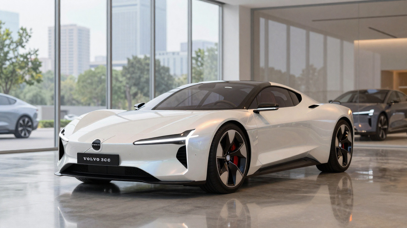 Carro esportivo elétrico branco Volvo 3CC em exposição dentro de showroom moderno com vidros grandes.