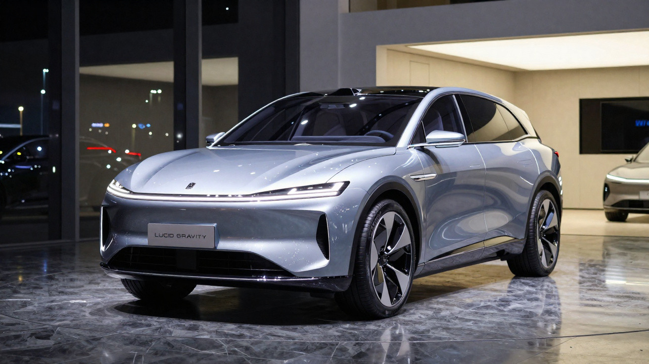 Carro elétrico cinza Lucid Gravity exibido em ambiente interno com piso de mármore e iluminação artificial.