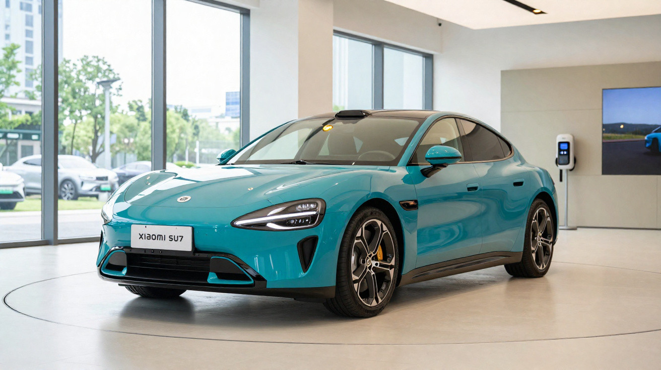 Carro elétrico azul Xiaomi SU7 exposto em showroom moderno com janelas grandes.
