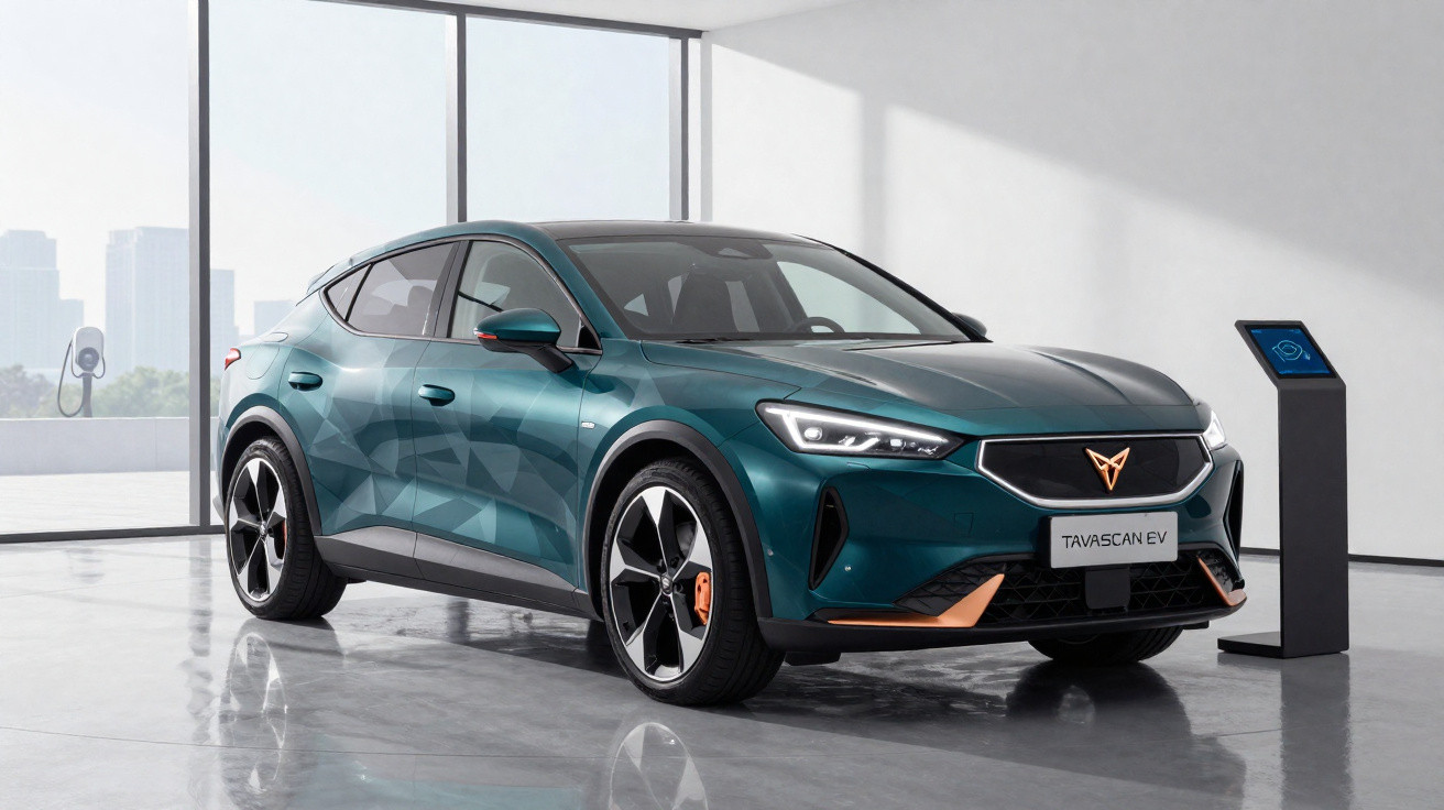 Carro elétrico Cupra Tavascan EV azul em ambiente interno moderno com carregador ao fundo.