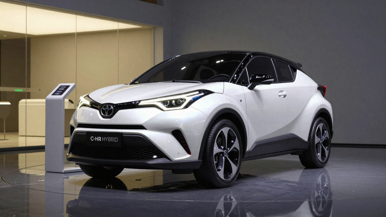 Carro SUV Toyota C-HR Hybrid branco exibido em showroom moderno e iluminado.