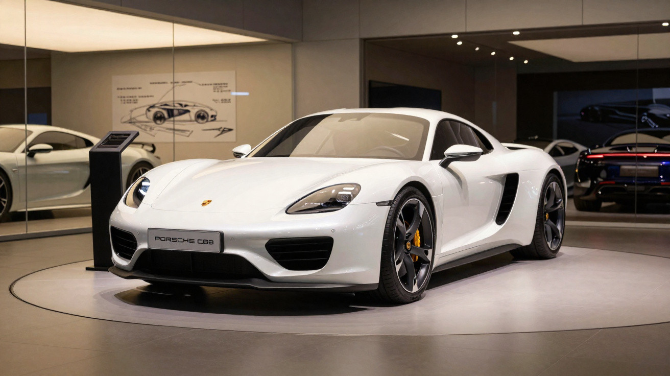 Carro esportivo branco Porsche 918 Spyder exposto em showroom com iluminação suave e reflexos no piso.
