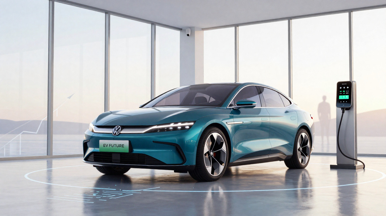 Carro elétrico Volkswagen azul estacionado em sala com grandes janelas e estação de carregamento ao lado.