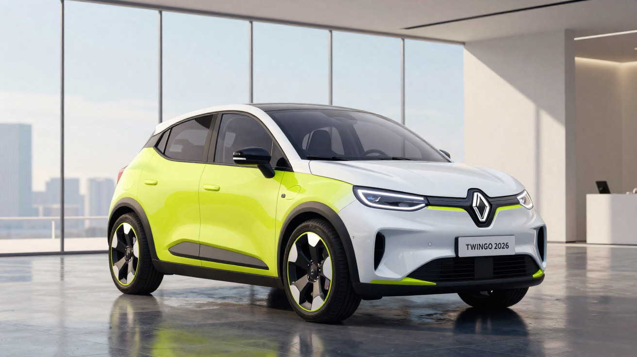 Carro elétrico Renault Twingo 2026 branco e amarelo em ambiente interno moderno e iluminado.