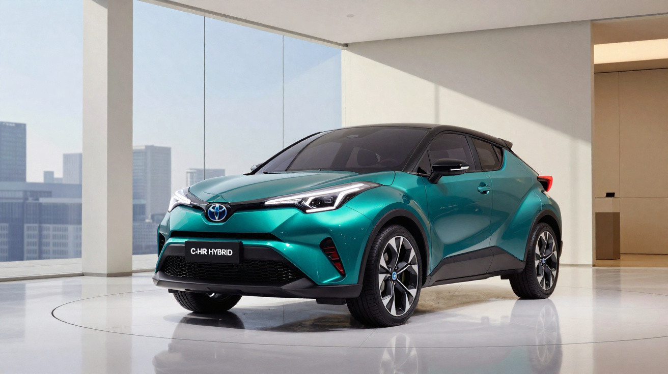 Carro Toyota C-HR Hybrid verde em ambiente interno moderno com grandes janelas e piso branco.