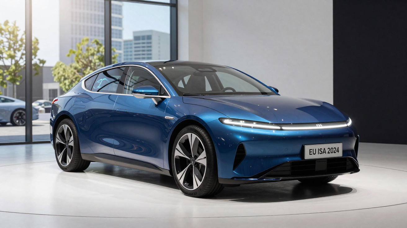 Carro elétrico sedã azul em exposição com design moderno e faróis finos em ambiente urbano interno.