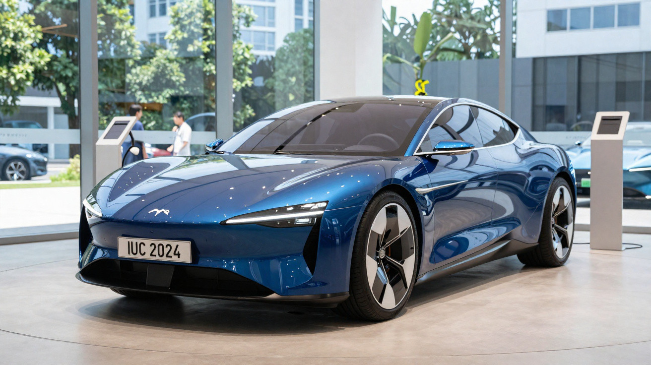 Carro esportivo elétrico azul em exposição interna com design moderno e janelas espelhadas.