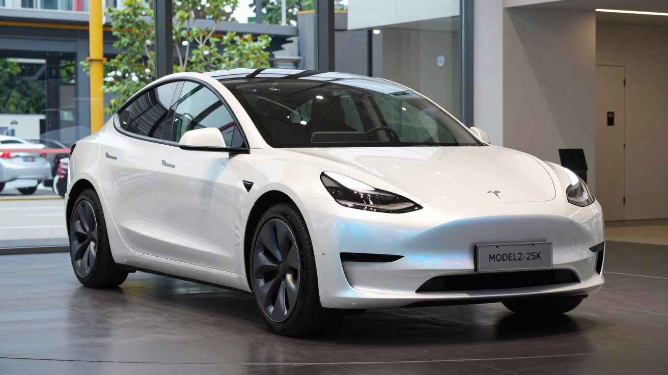 Carro elétrico Tesla Model 3 branco estacionado em ambiente interno moderno.