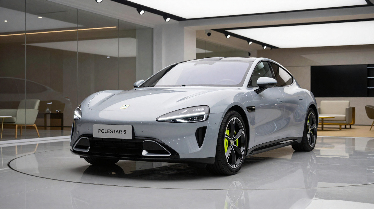 Carro elétrico cinza Polestar 5 em exposição moderna com iluminação interna e móveis ao fundo.