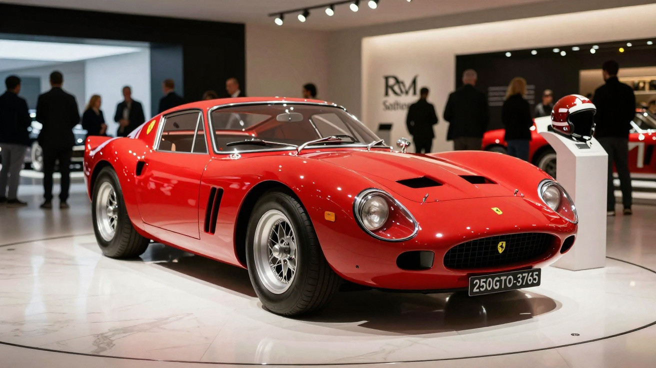 Carro esportivo clássico vermelho Ferrari 250 GTO exposto em salão com pessoas ao fundo.
