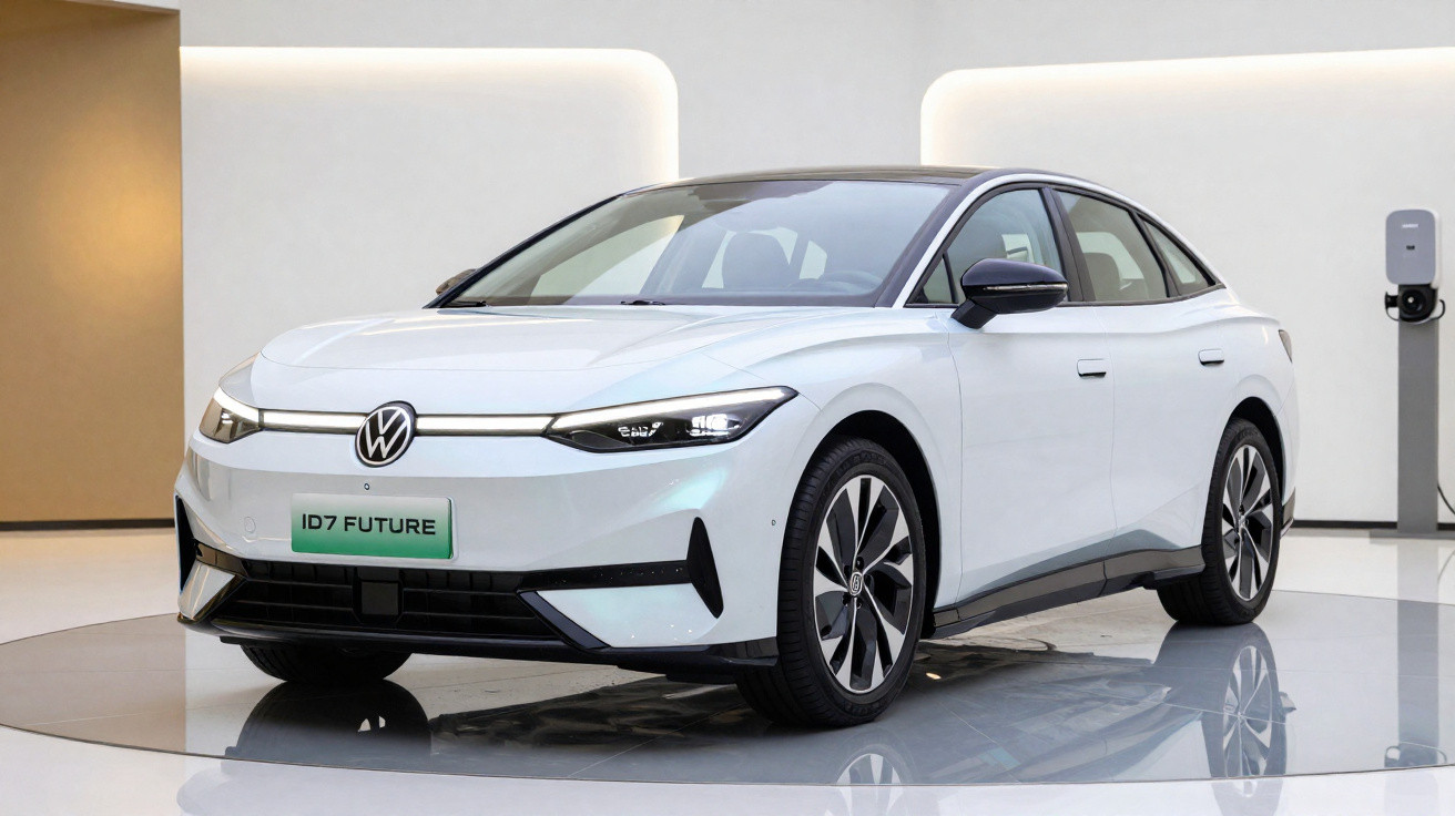 Carro elétrico Volkswagen ID.7 Future branco apresentado em ambiente moderno com carregador ao fundo.