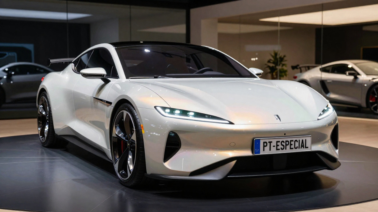 Carro esportivo branco moderno estacionado em exposição interna com iluminação ambiente.