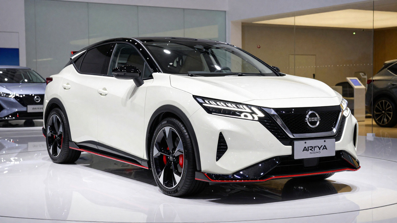 Carro elétrico Nissan Ariya branco com teto preto exposto em showroom moderno.