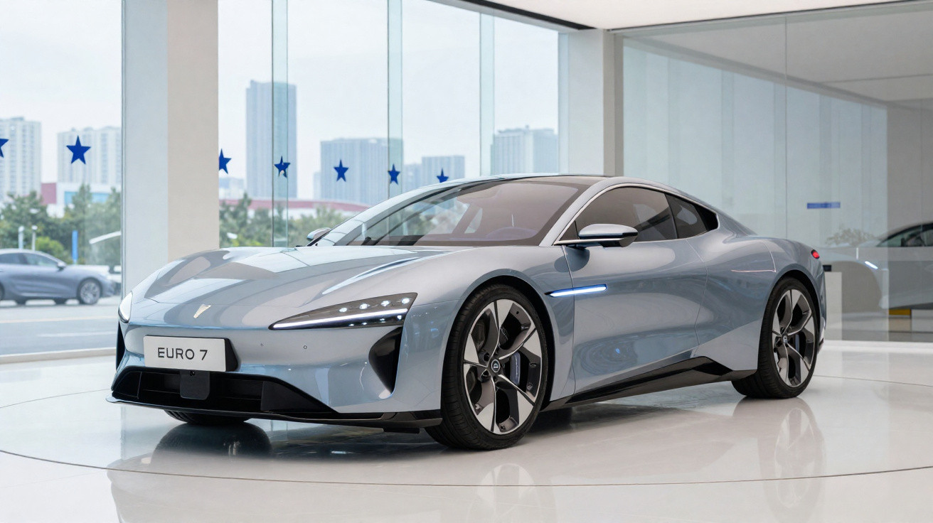Carro esportivo elétrico cinza exibido em showroom moderno, com placa "EURO 7" na frente.
