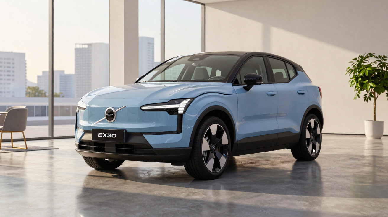 Carro elétrico Volvo EX30 azul estacionado em ambiente interno com janelas grandes e planta branca.