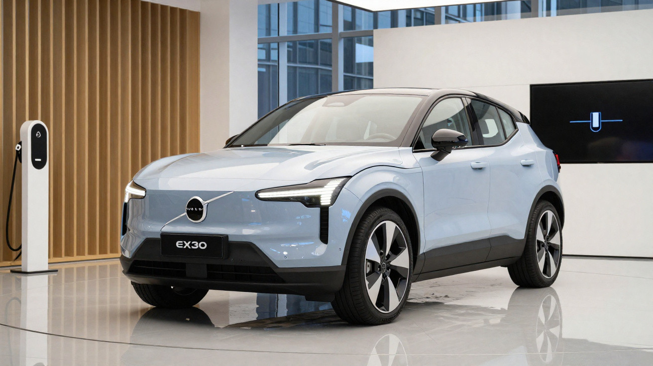 Carro elétrico azul Volvo EX30 em exposição interna ao lado de estação de carregamento.