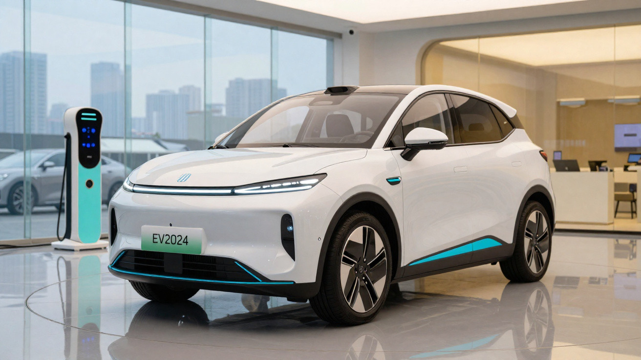 Carro elétrico branco estacionado em showroom moderno ao lado de estação de recarga.