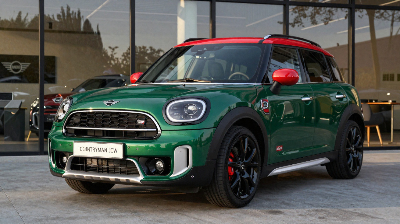 Carro Mini Countryman JCW verde com teto e retrovisores vermelhos estacionado em frente a vidro espelhado.