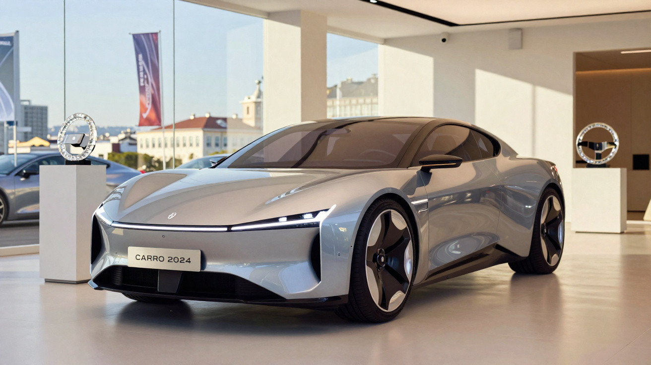Carro elétrico esportivo prata exibido em salão moderno com luz natural e detalhes futuristas.
