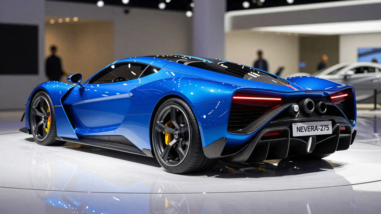Carro esportivo azul elétrico McLaren Nevera em exposição, vista traseira lateral direita.