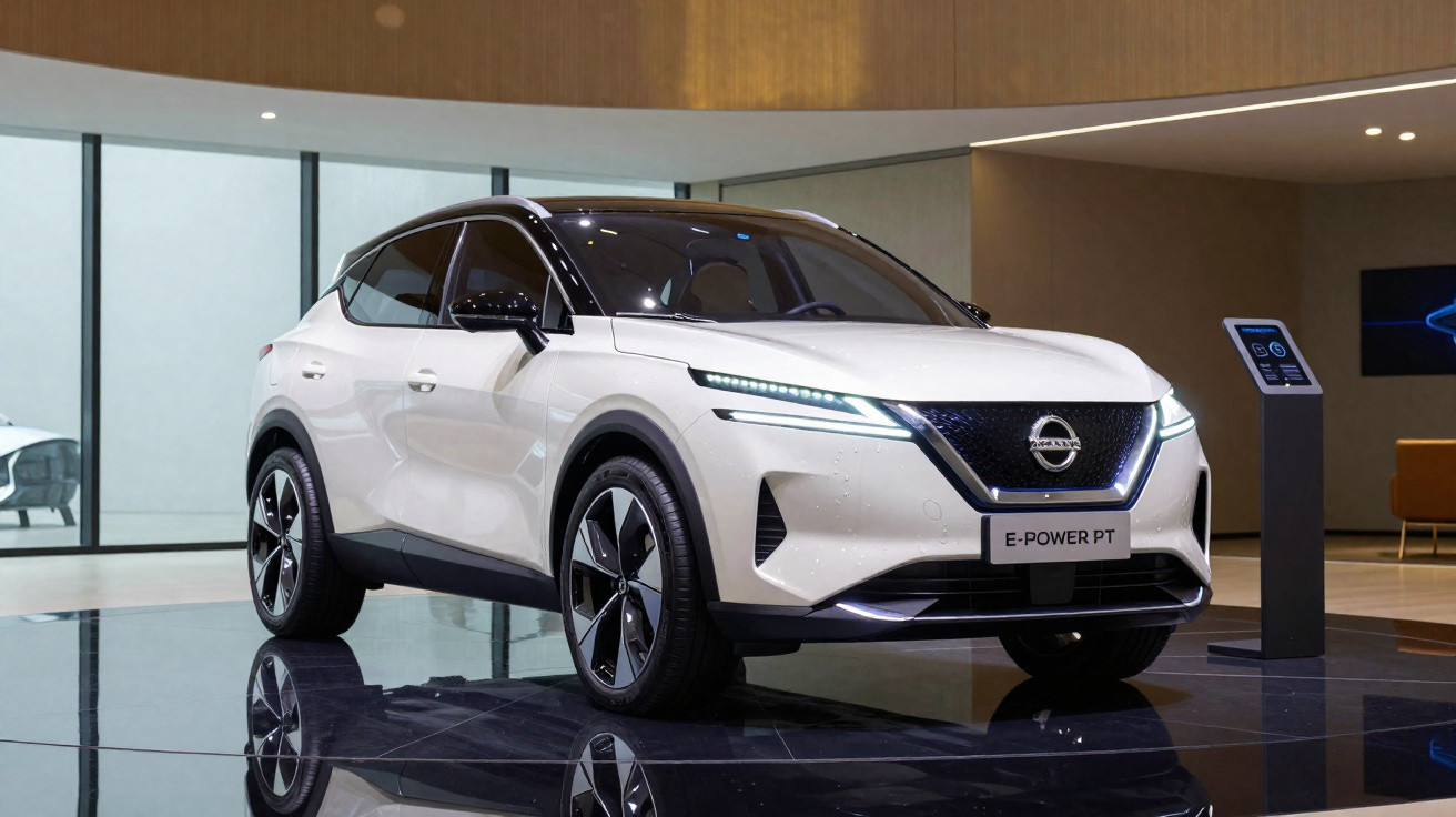 Carro elétrico branco Nissan E-Power PT em exposição, ambiente interno moderno com piso refletivo.