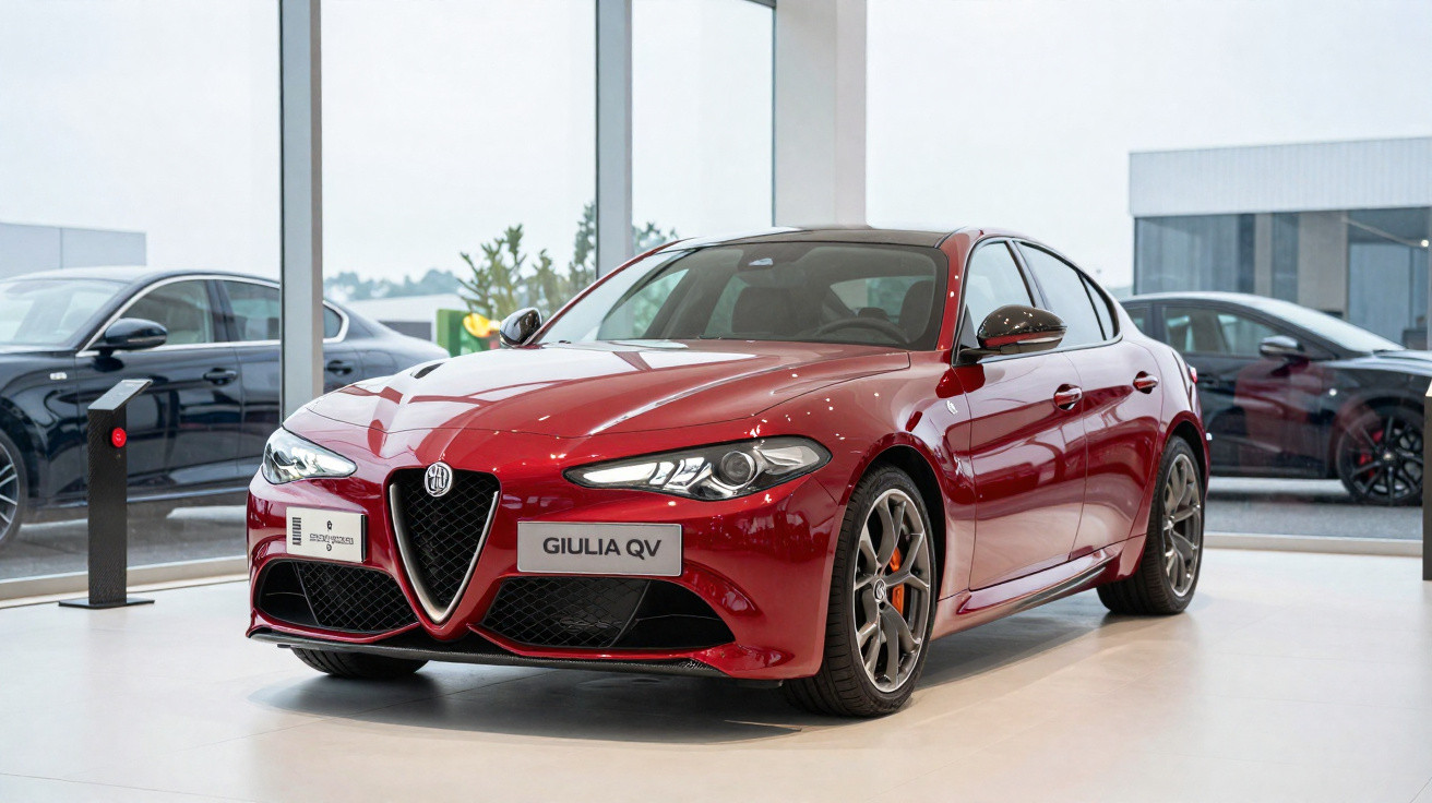 Carro esportivo Alfa Romeo Giulia QV vermelho em exibição em showroom moderno com vidro ao fundo.
