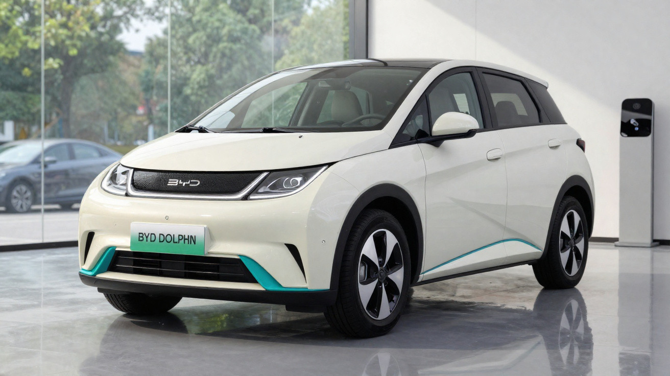 Carro elétrico BYD Dolphin branco exibido em showroom moderno com paredes de vidro.