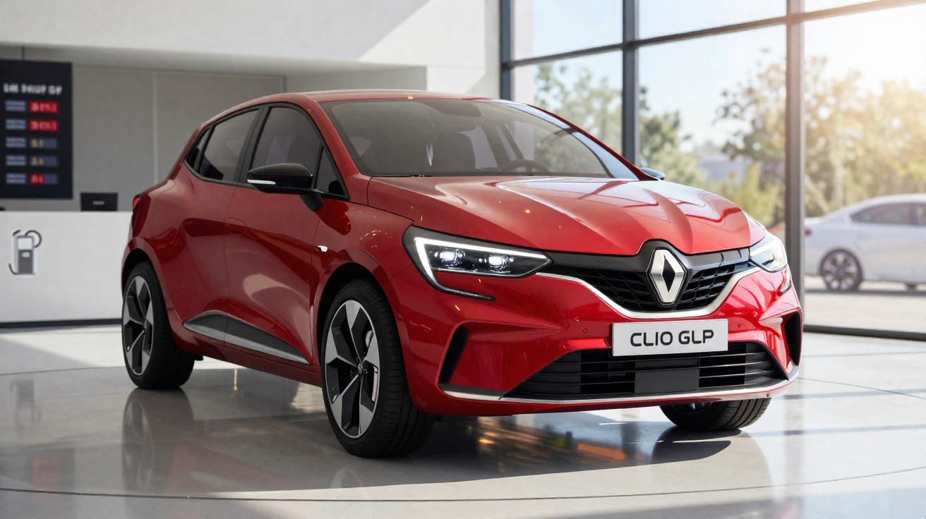 Carro Renault Clio GLP vermelho exposto em showroom com teto de vidro e iluminação natural.