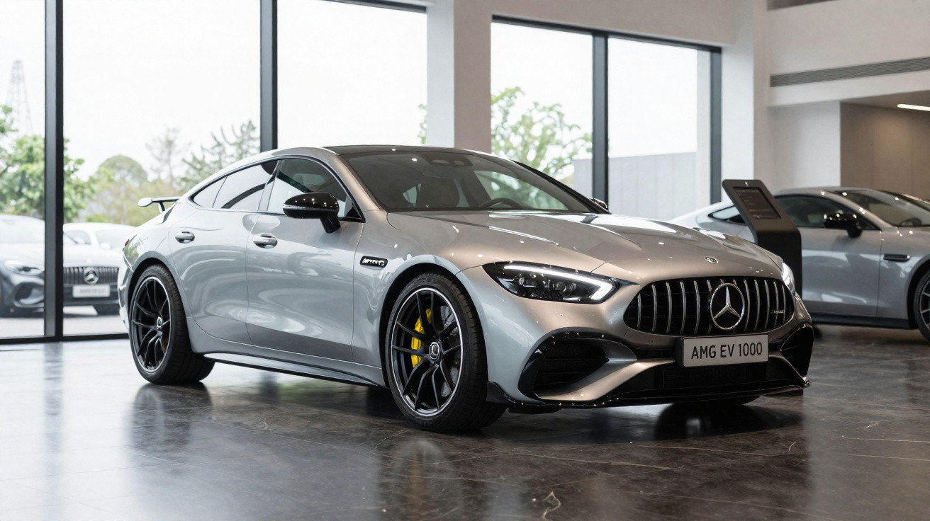 Carro esportivo prata Mercedes AMG com rodas pretas e freios amarelos exibido em showroom moderno.