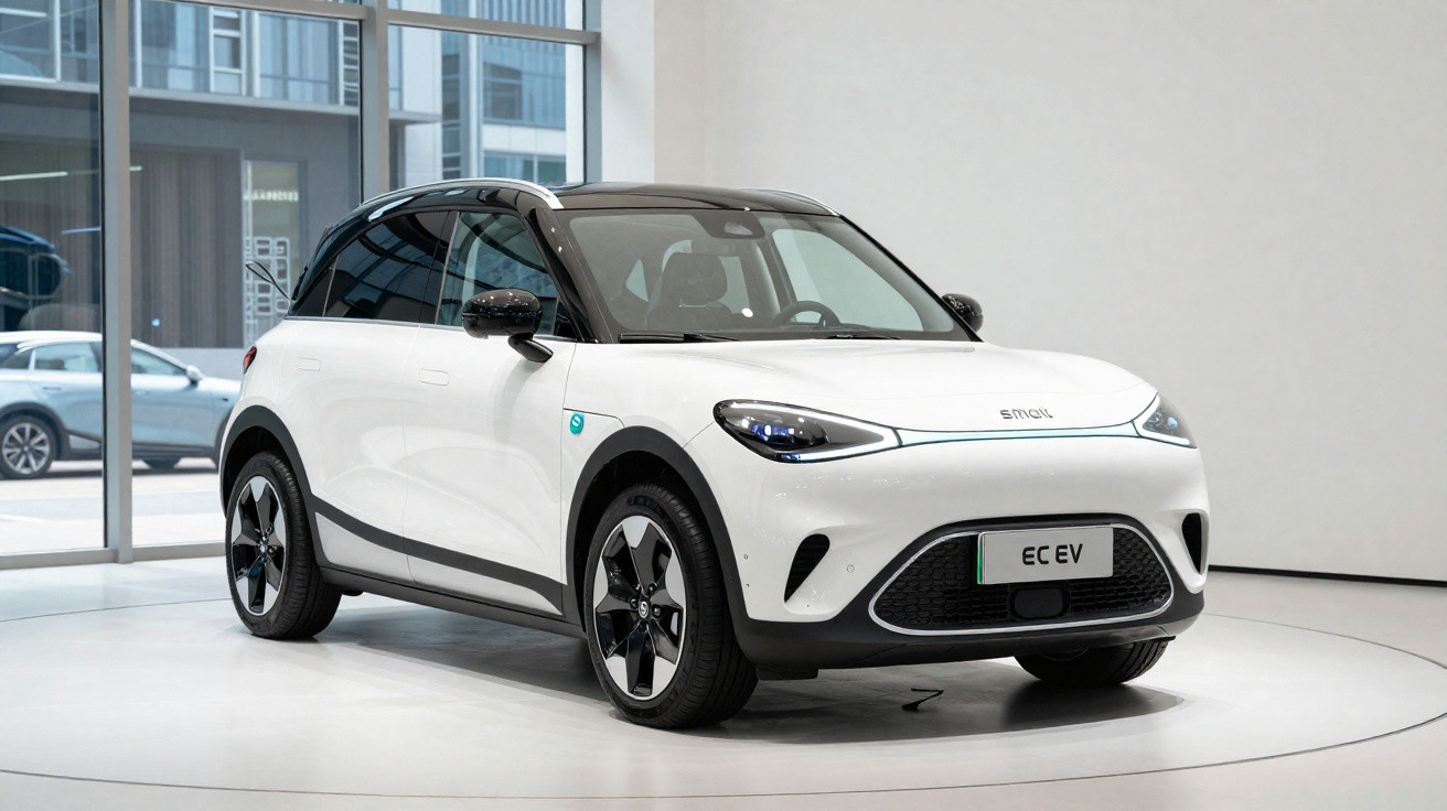 Carro elétrico branco ecológico SUV pequeno modelo EC EV em exposição interna com luz natural.
