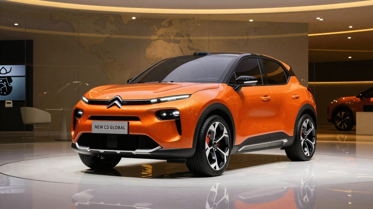 Carro Citroën New C3 Global laranja exibido em salão com iluminação ambiente e fundo com mapa mundi.