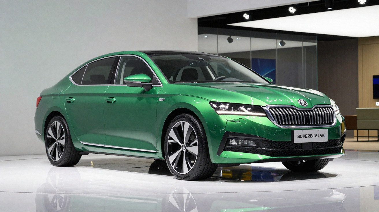 Carro sedan verde Škoda Superb IV L&K exposto em ambiente interno moderno.