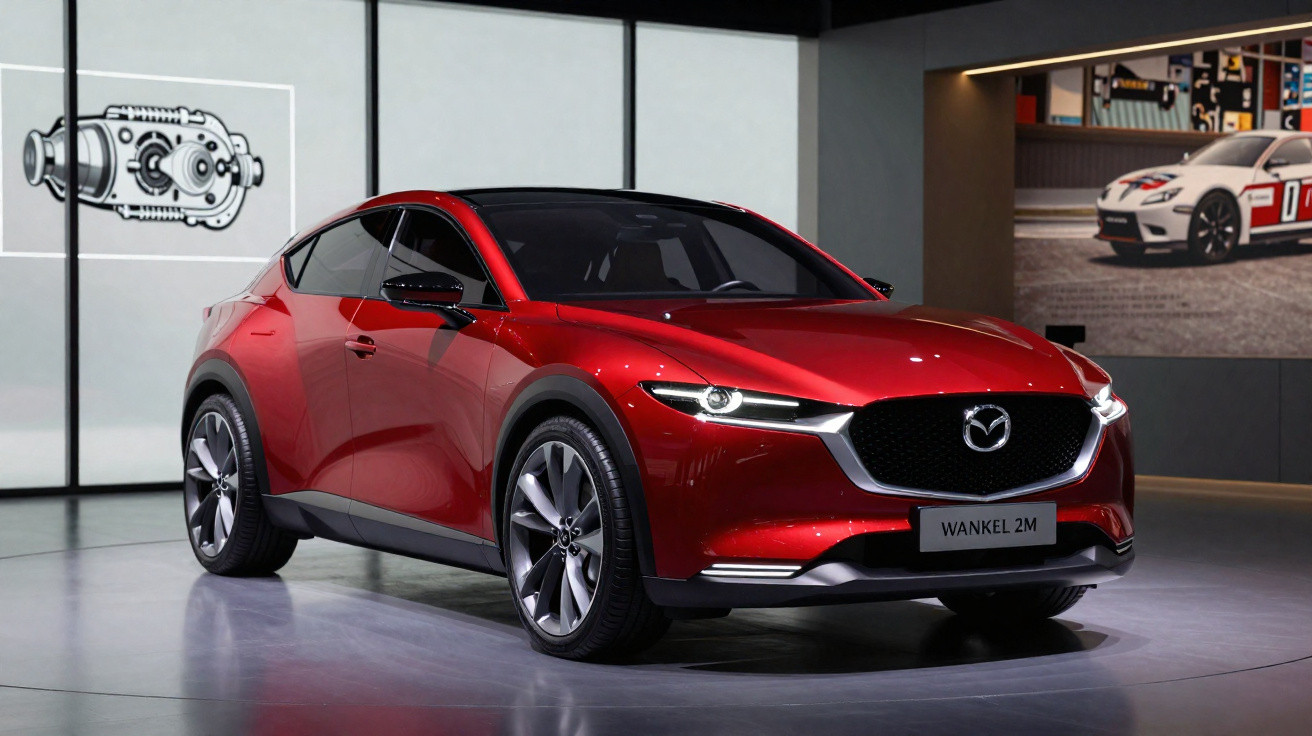 Carro compacto esportivo vermelho Mazda Wankel 2M em exibição em ambiente moderno com iluminação suave.