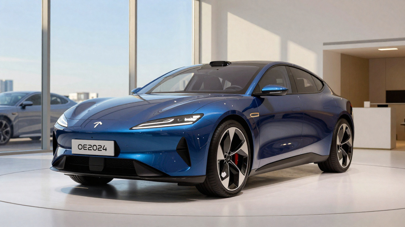 Carro elétrico azul metálico exibido em showroom moderno com grandes janelas e piso branco.