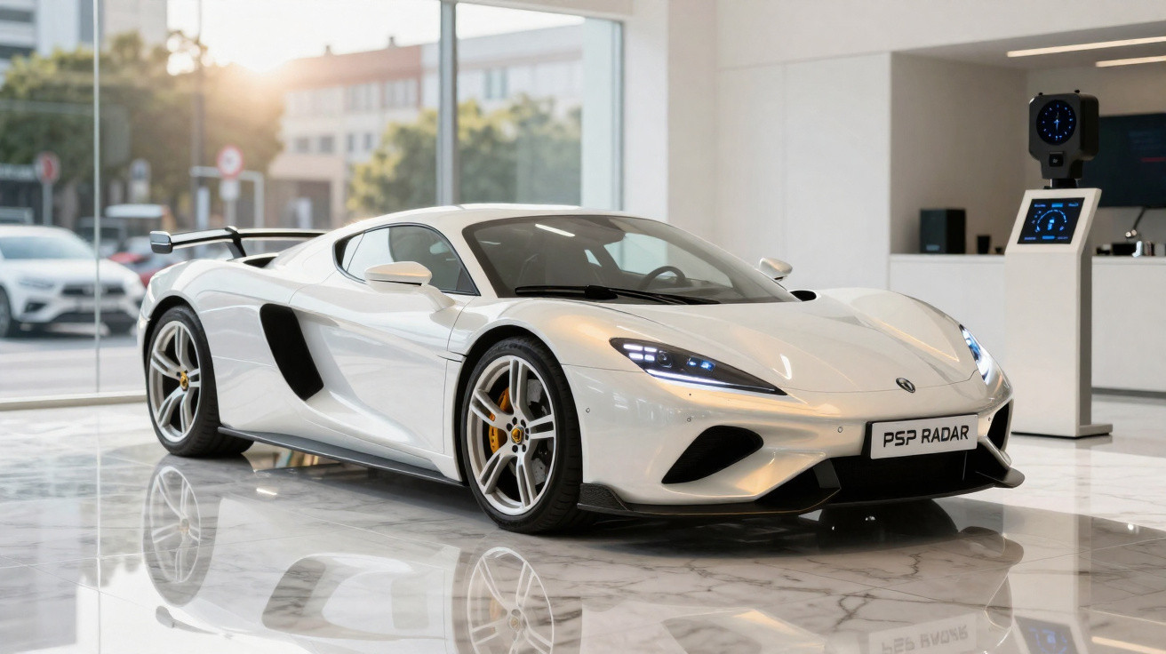 Carro esportivo branco exibido em ambiente moderno com piso de mármore brilhante.