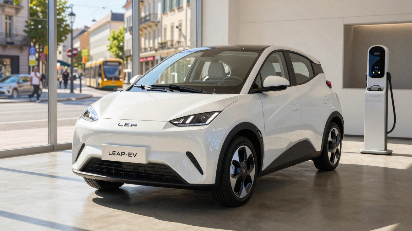 Carro elétrico branco modelo Leap-EV exibido em showroom com estação de recarga ao fundo.