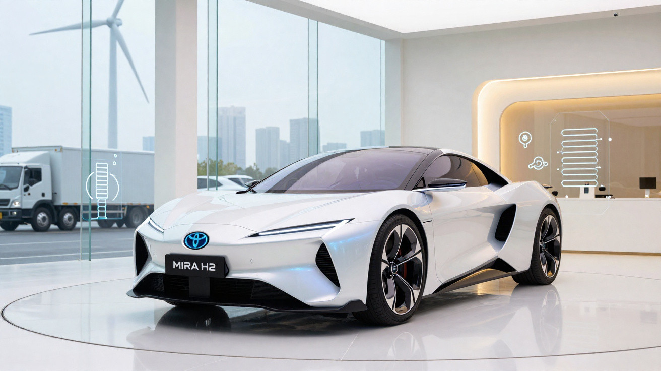 Carro esportivo elétrico branco Toyota Mira H2 em exposição em ambiente moderno com vidros grandes e turbinas eólicas ao fund
