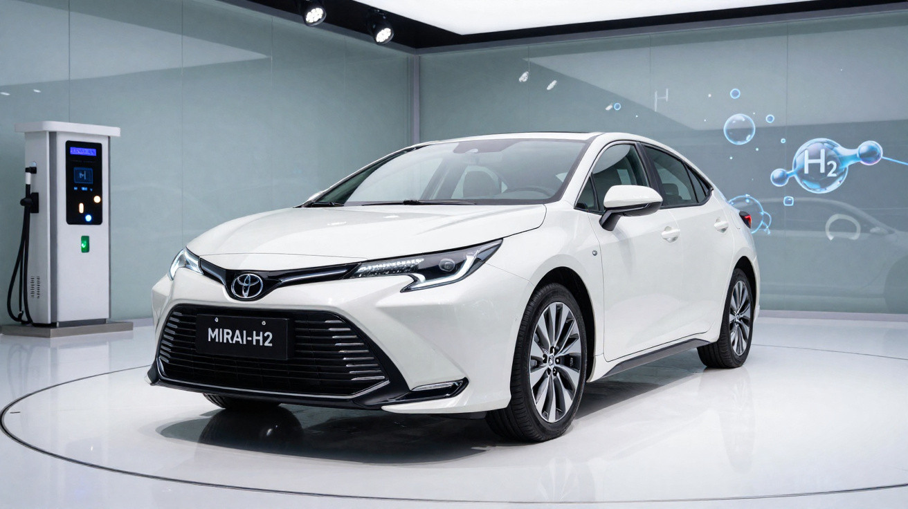 Carro branco Toyota Mirai-H2 exposto em ambiente moderno com estação de carregamento e ícones de hidrogênio ao fundo.