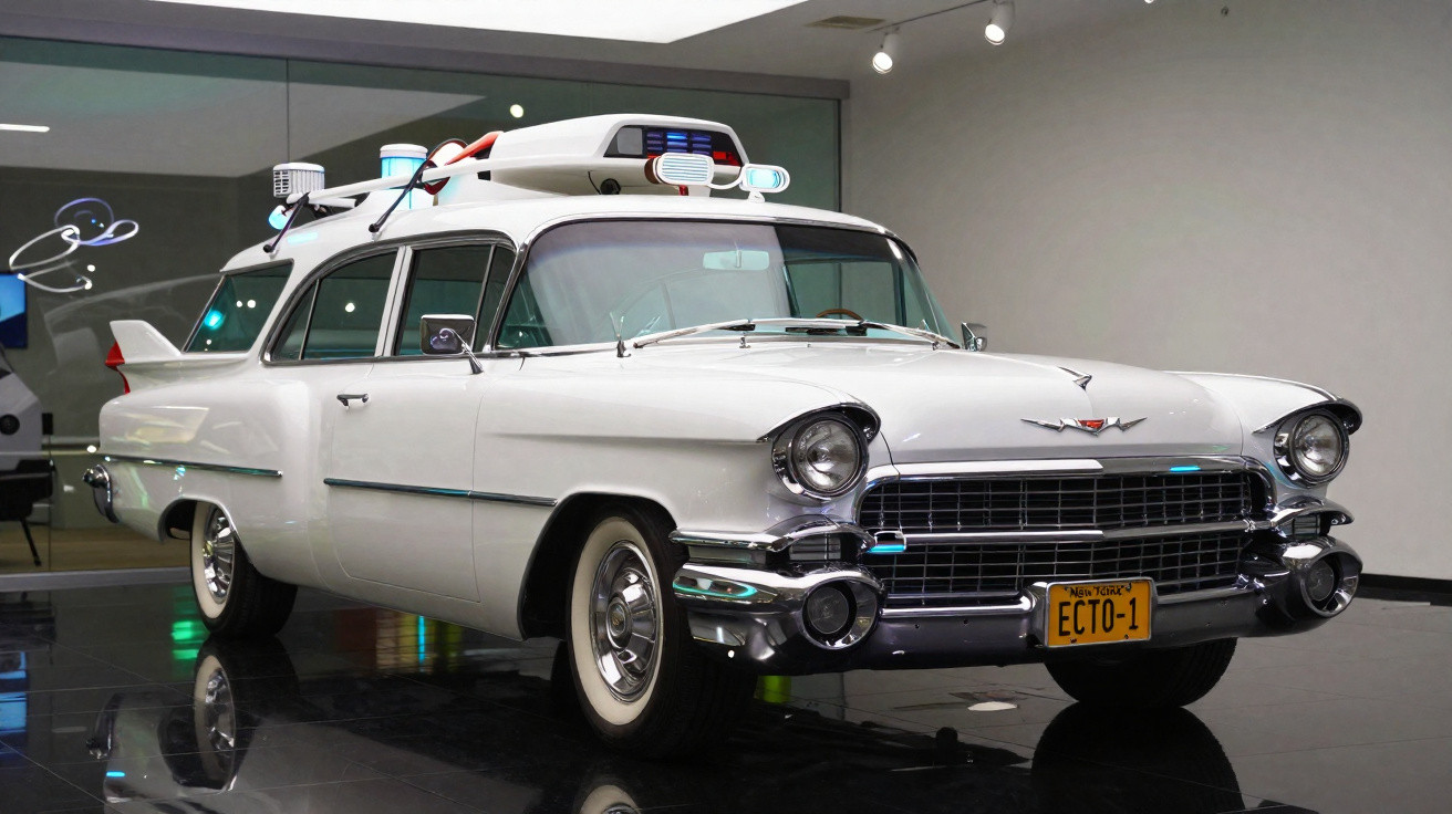 Carro branco clássico dos Caça-Fantasmas com letreiro ECTO-1 em exposição interna.