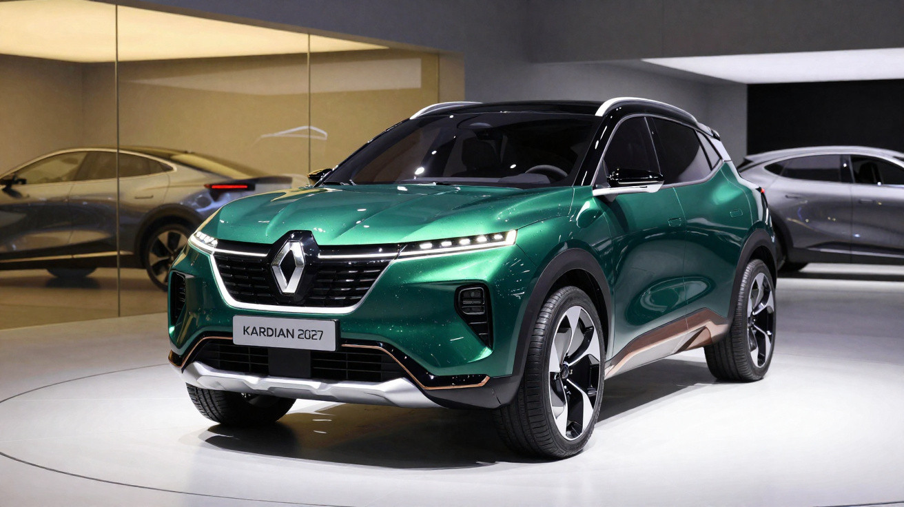 Carro elétrico SUV Renault Kardian 2027 verde exibido em salão de automóveis moderno com iluminação branca.