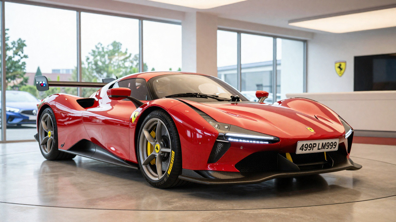 Carro esportivo Ferrari vermelho estacionado em showroom com piso de concreto e janelas amplas ao fundo.
