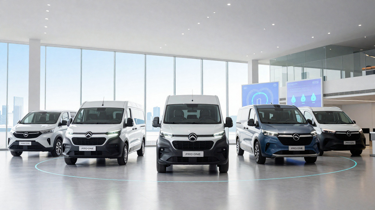 Cinco vans Citroën Pro One expostas em showroom moderno com janelas amplas e piso branco.