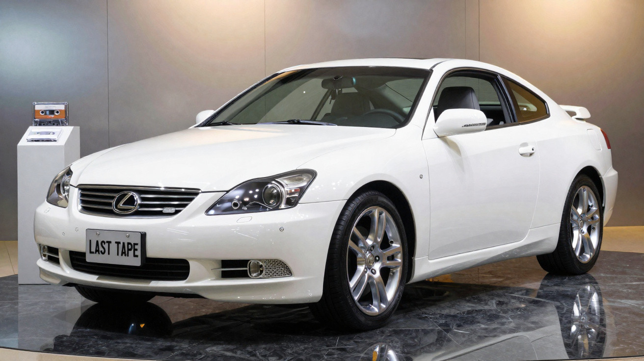Carro esportivo branco Lexus estacionado em piso de mármore refletivo em ambiente interno com parede cinza ao fundo.