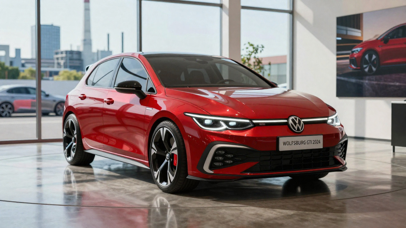 Carro esportivo vermelho Volkswagen GTI 2024 em showroom moderno com janelas grandes.